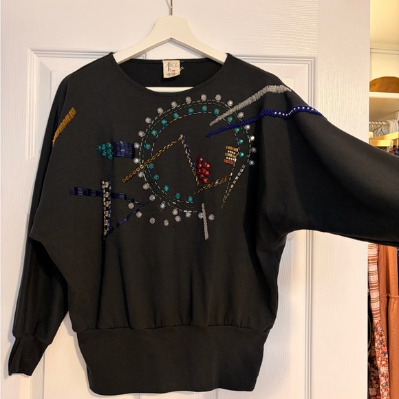 Alison Beaded Embellished Grey Sweatshirt vintage 80s blouse top disco retro m/l - Picture 3 of 4